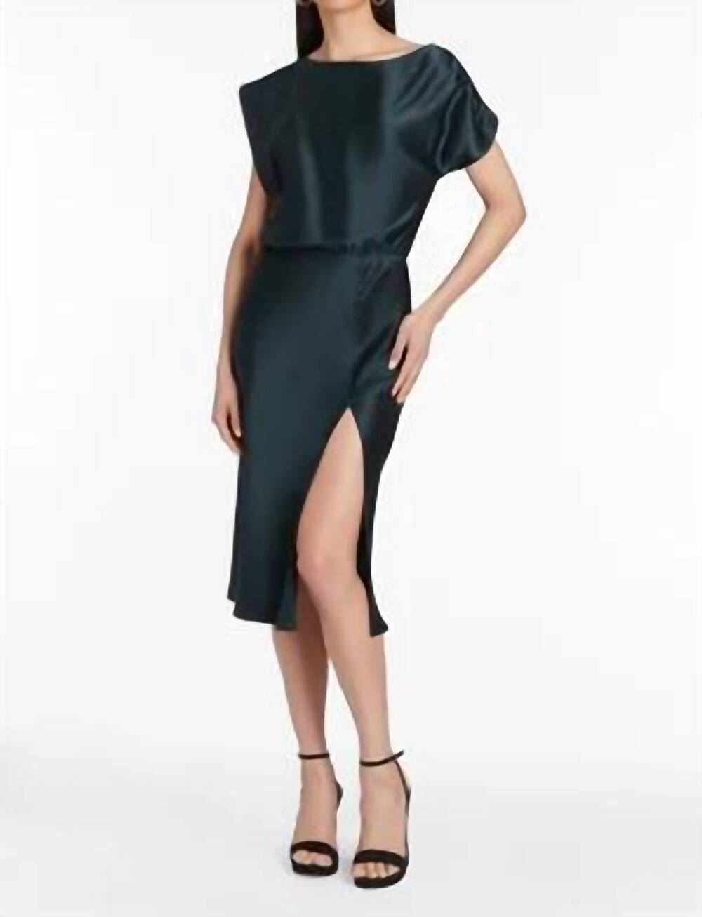 NEW AMANDA UPRICHARD elroy silk midi dress in forest green - Picture 4 of 4